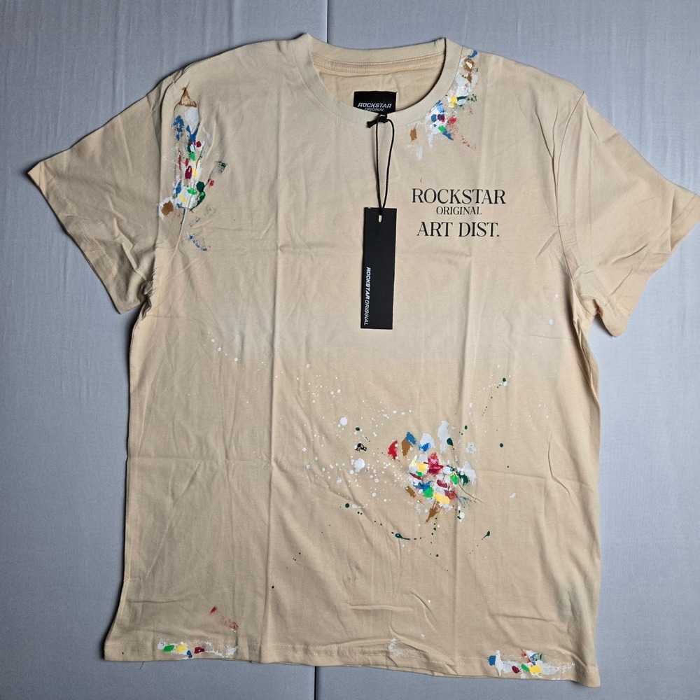 Rockstar Original Art Dist Paint Splatter Graphic T-Shirt Tan Mens XL NWT